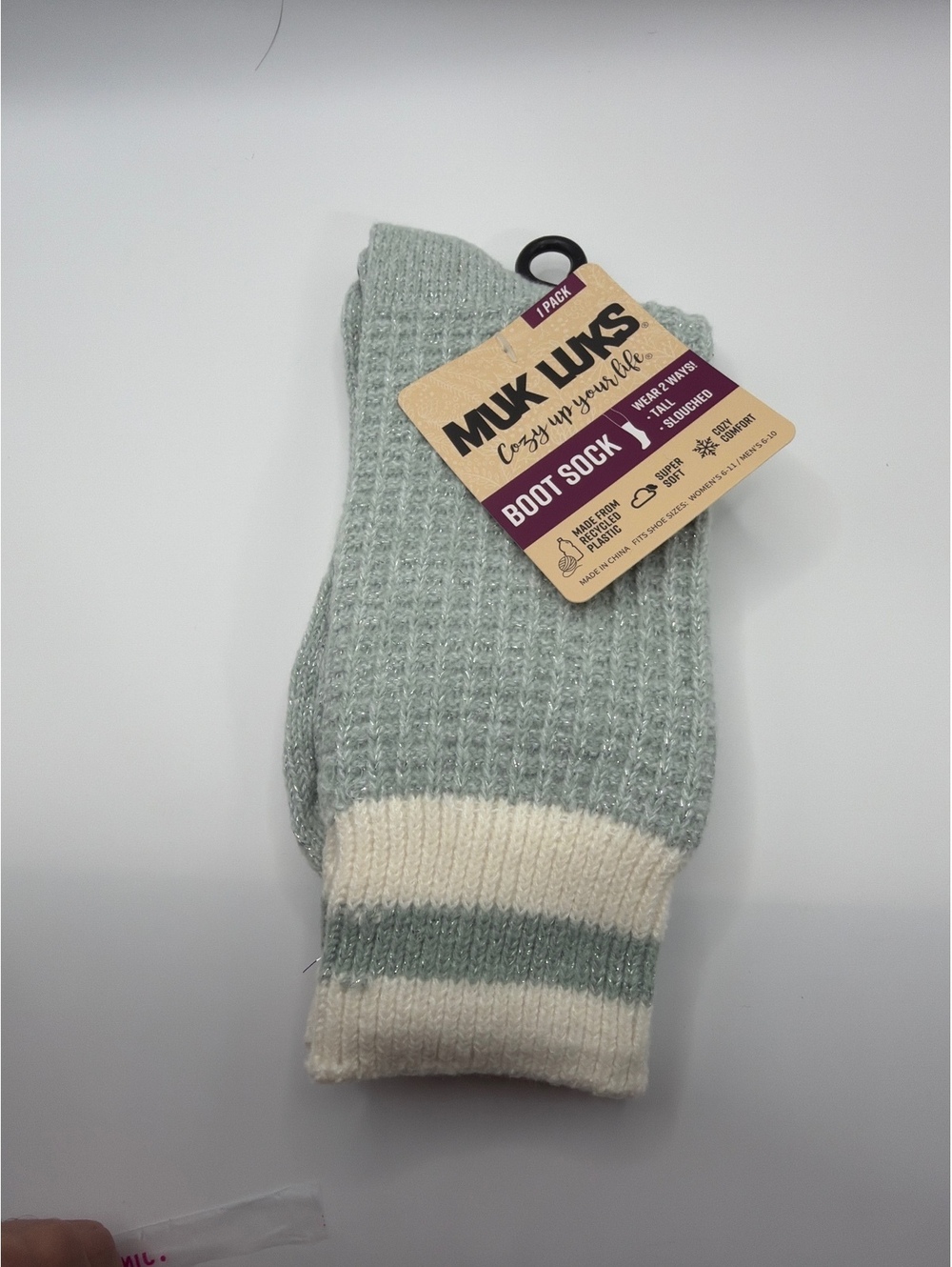 Muk Luks Cozy Boot Socks in Sage Green and Cream